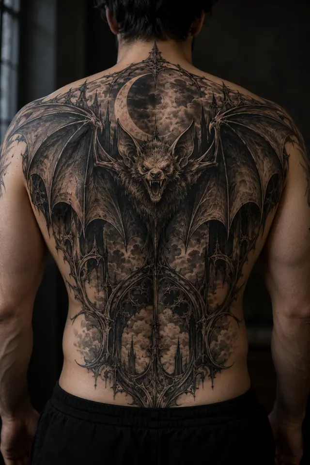 Black and grey gothic bat tattoo on the back
