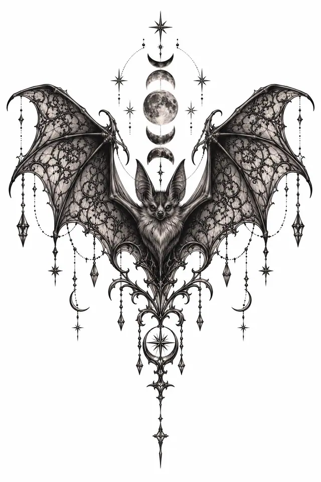 Black and grey gothic bat tattoo design for the sternum