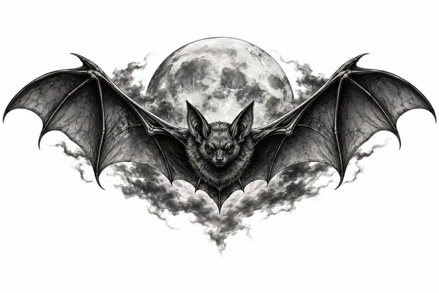 Black and grey gothic bat tattoo design for the throat