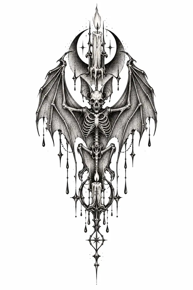 Dotwork gothic bat tattoo design for the calf