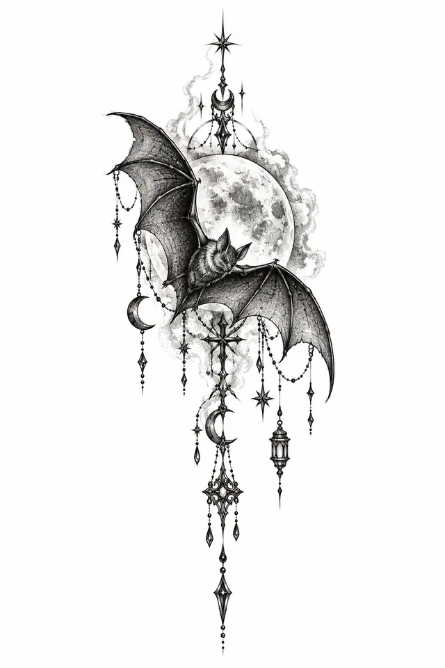 Dotwork gothic bat tattoo design for the forearm