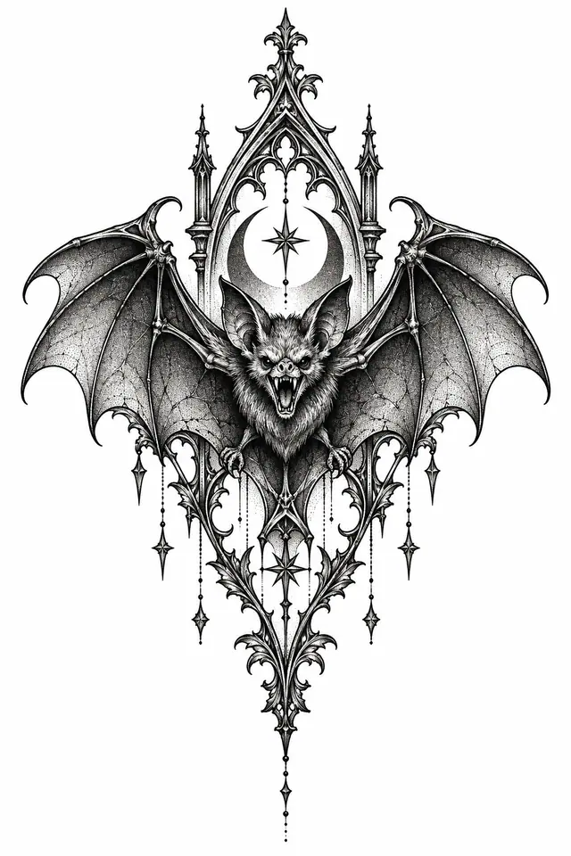 Dotwork gothic bat tattoo design for the sternum
