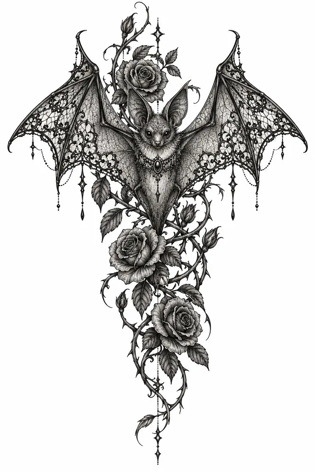 Dotwork gothic bat tattoo design for the thigh
