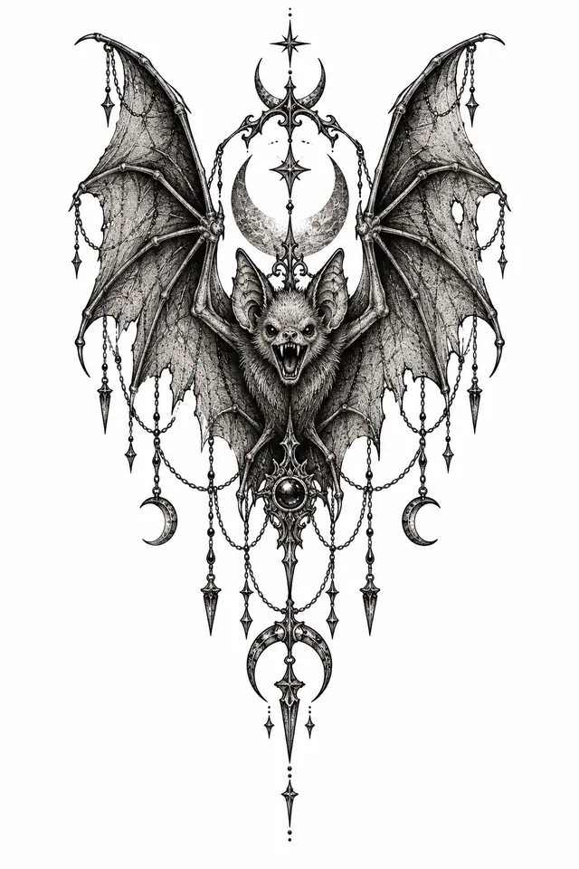 Dotwork gothic bat tattoo design for the thigh