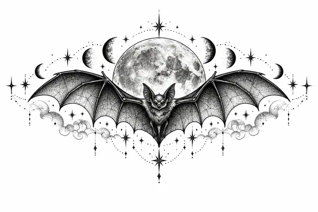 Dotwork gothic bat tattoo design for the throat