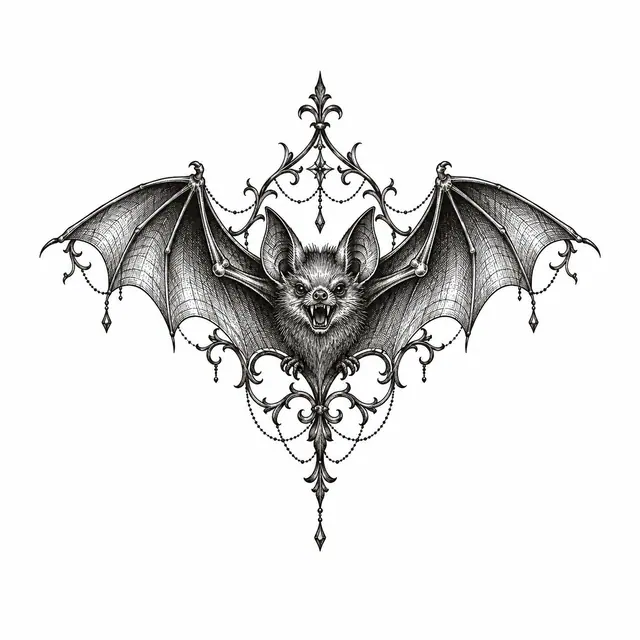 Engraving-style gothic bat tattoo design for the ankle