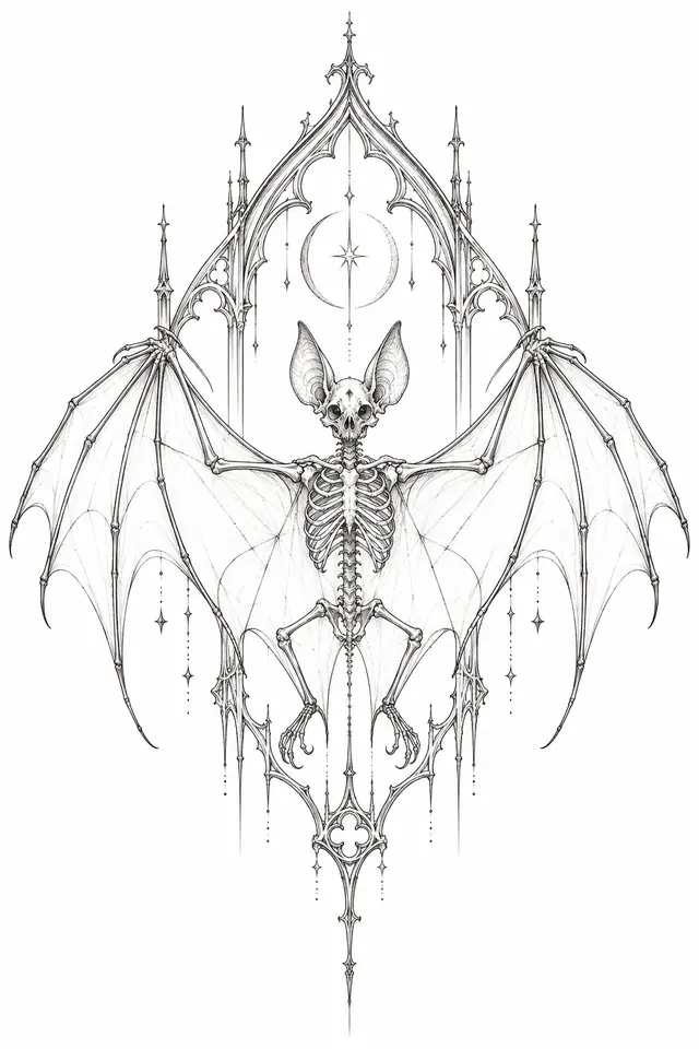 Fine-line gothic bat tattoo design for the back