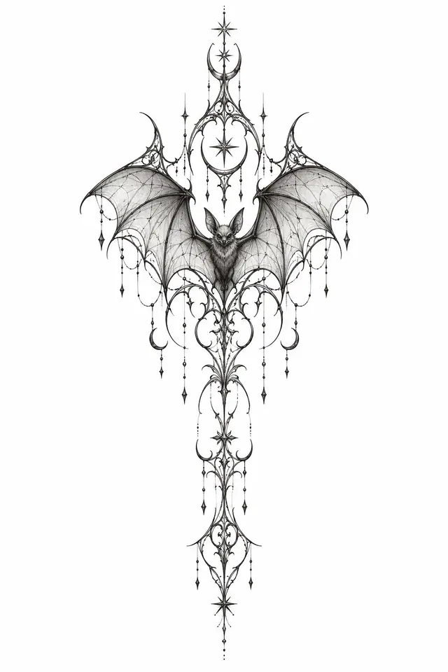Fine-line gothic bat tattoo design for the spine