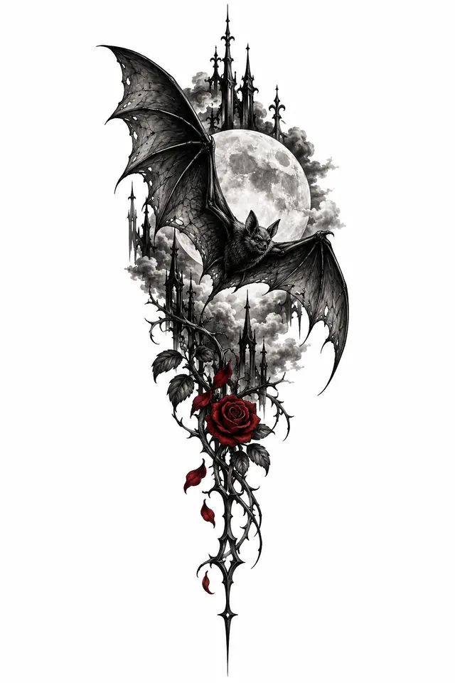 Red and black gothic bat tattoo design for the forearm