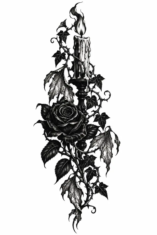 Blackwork black rose tattoo design for the thigh