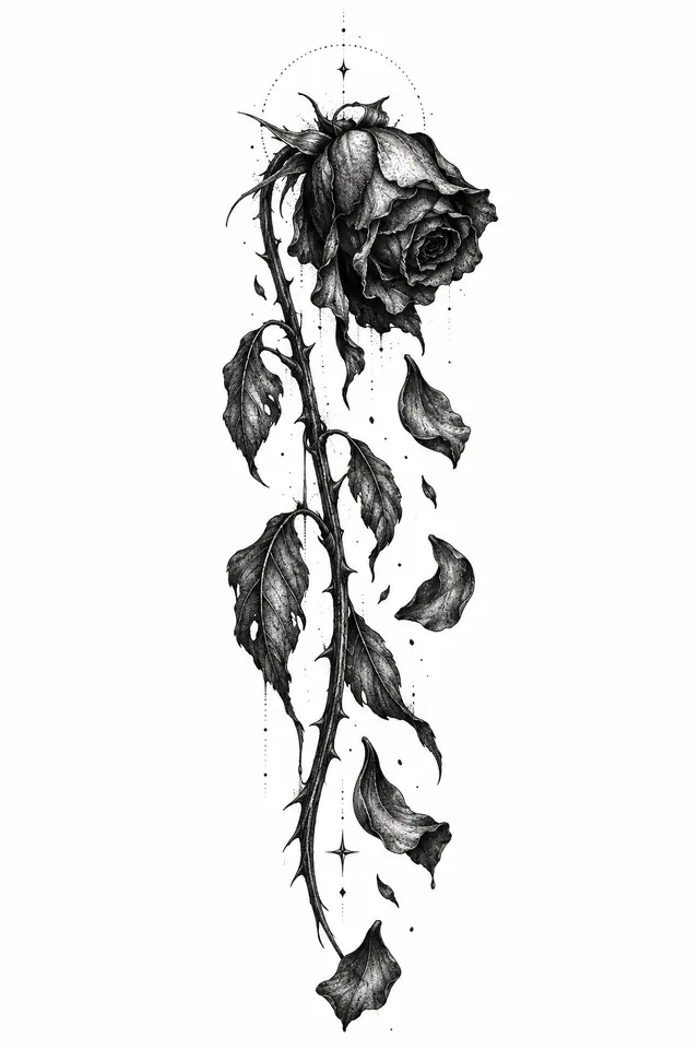 Dotwork black rose tattoo design for the forearm