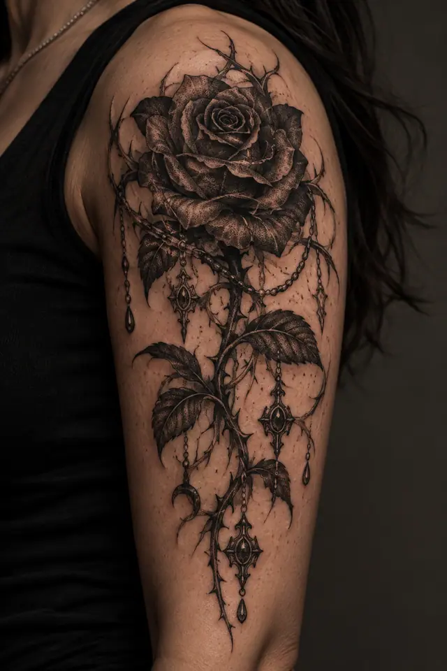 Dotwork black rose tattoo on the upper arm (half sleeve)