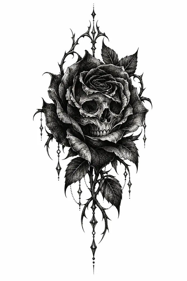 Dotwork black rose tattoo design for the hand
