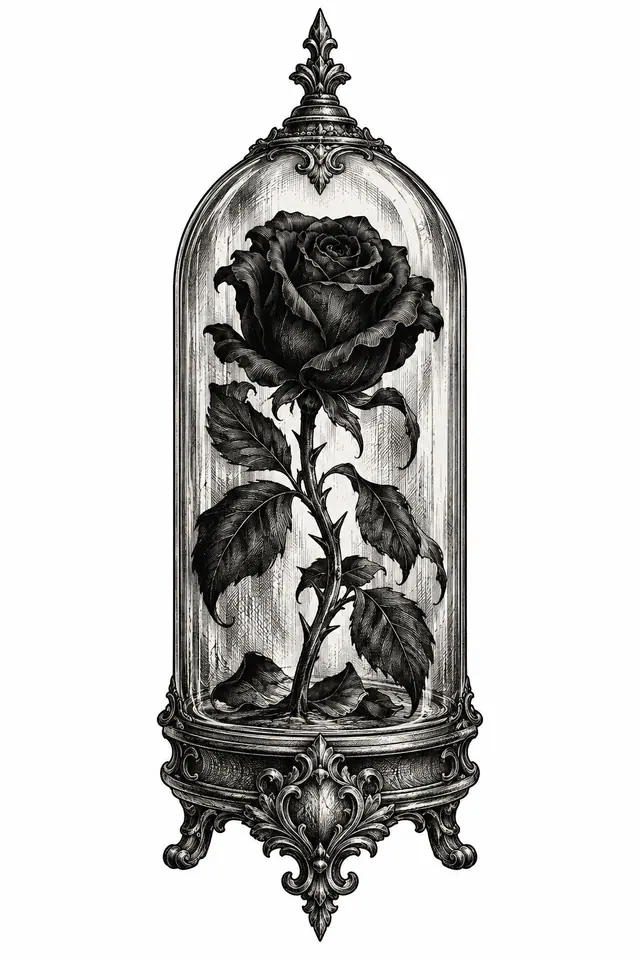 Engraving-style black rose tattoo design for the calf