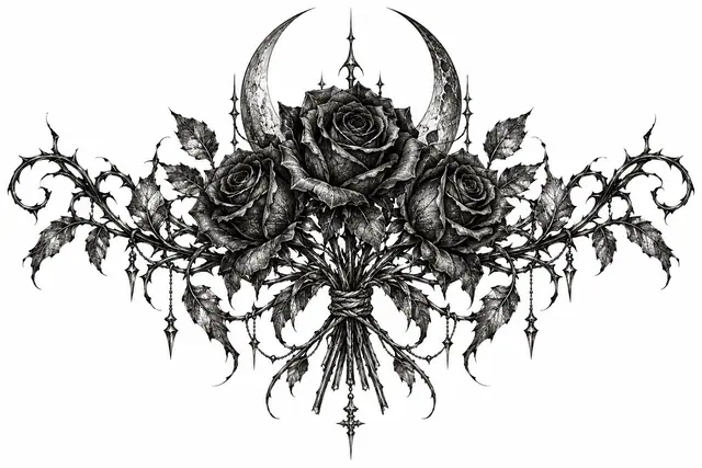 Engraving-style black rose tattoo design for the chest