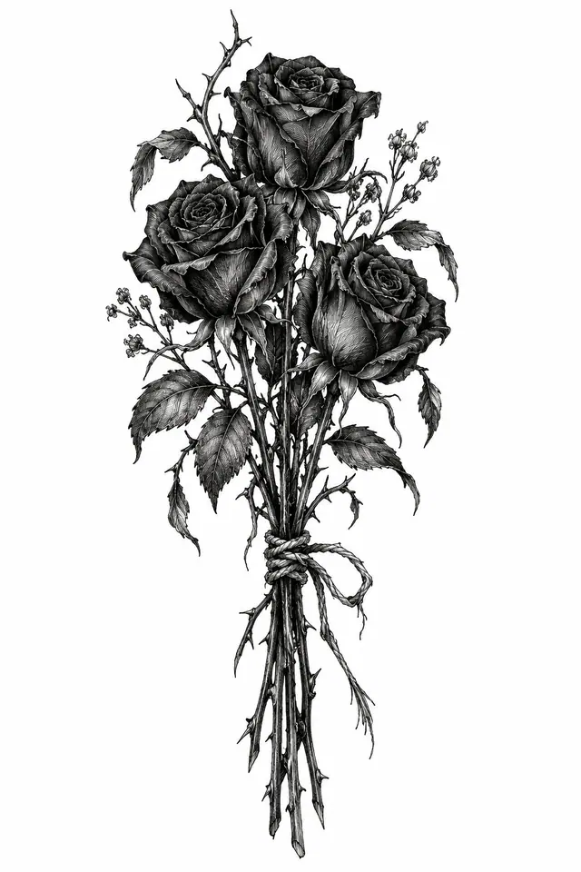 Engraving-style black rose tattoo design for the forearm