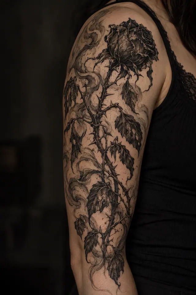 Engraving-style black rose tattoo on the upper arm (half sleeve)