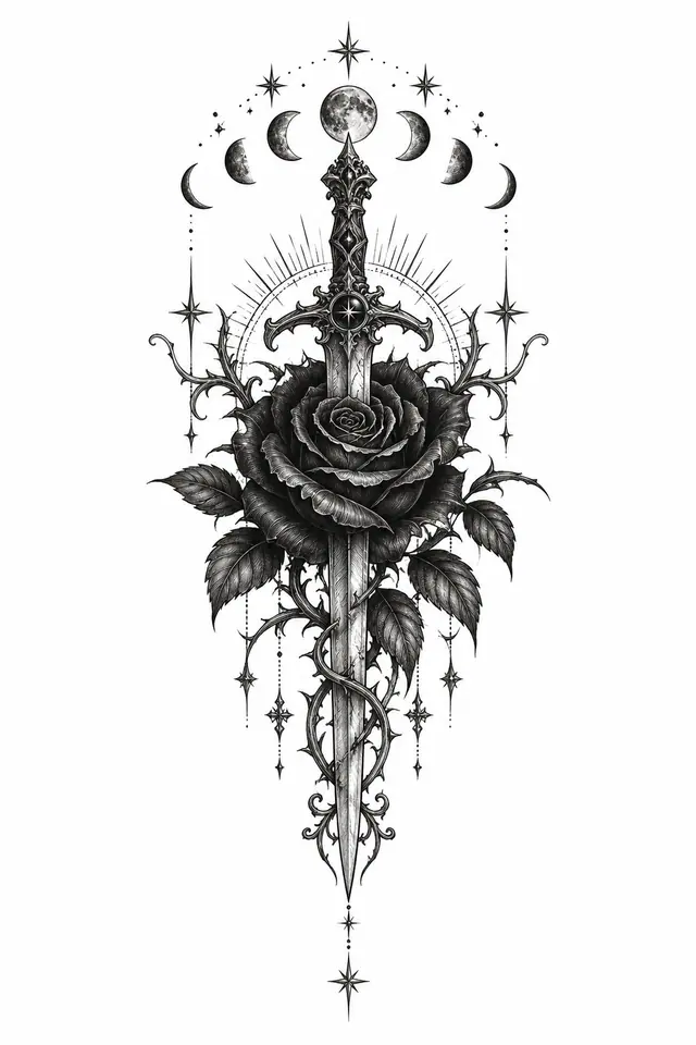 Engraving-style black rose tattoo design for the sternum