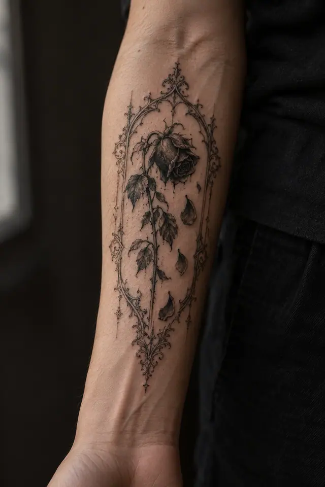Fine-line black rose tattoo on the forearm