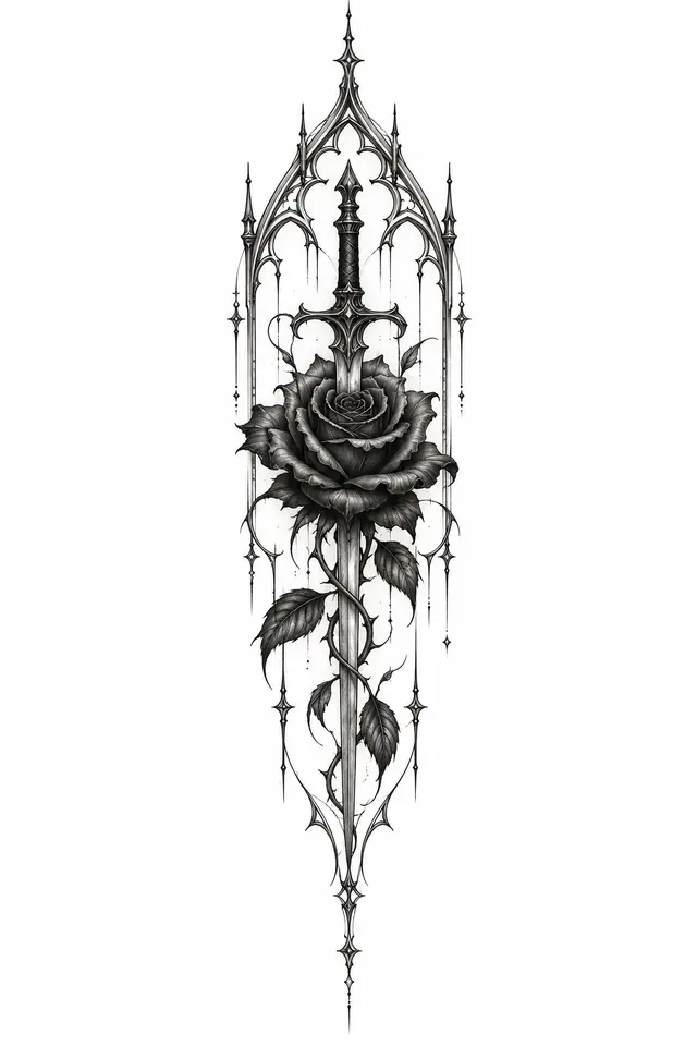 Fine-line black rose tattoo design for the spine