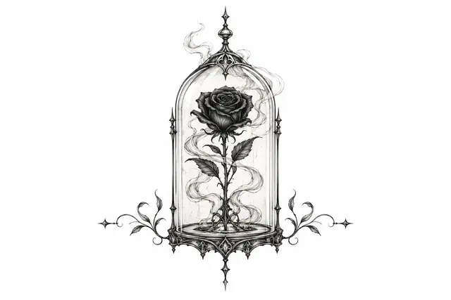 Fine-line black rose tattoo design for the throat
