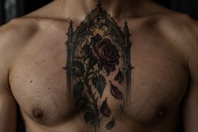 Neo-traditional black rose tattoo on the chest
