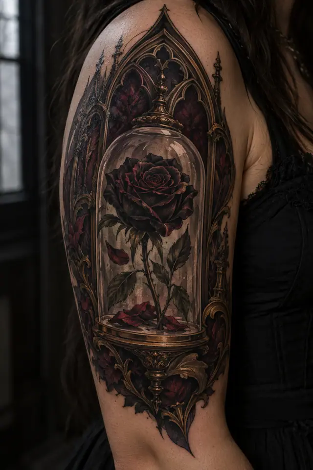 Neo-traditional black rose tattoo on the upper arm (half sleeve)