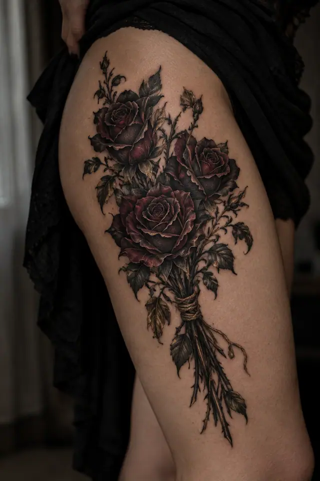 Neo-traditional black rose tattoo on the thigh
