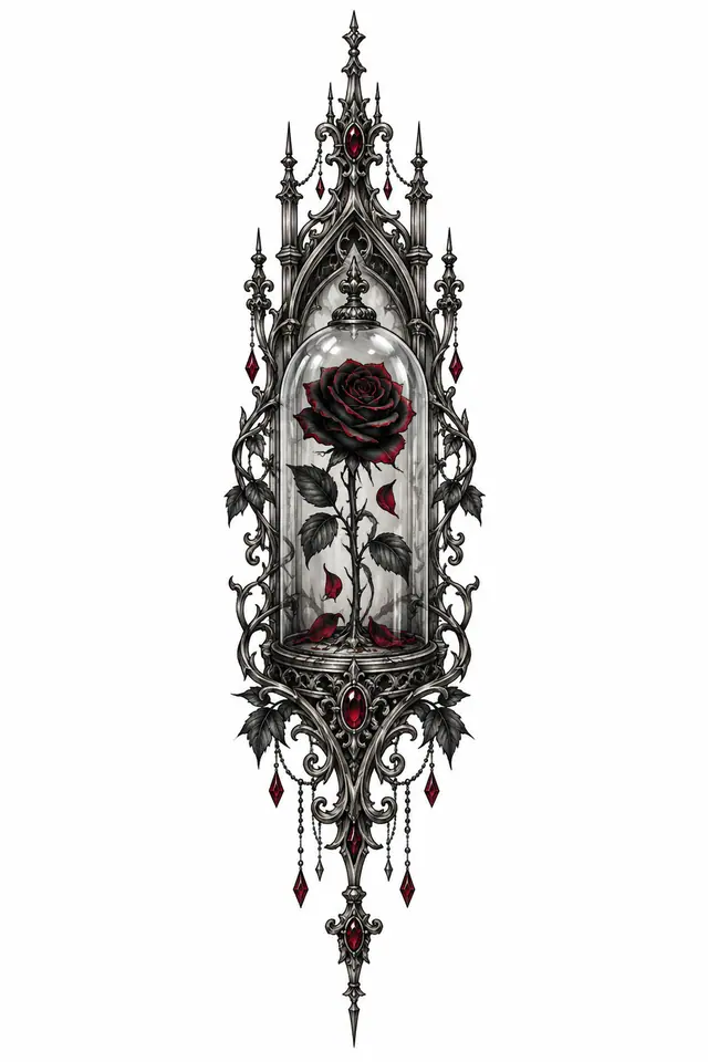 Red and black black rose tattoo design for the spine