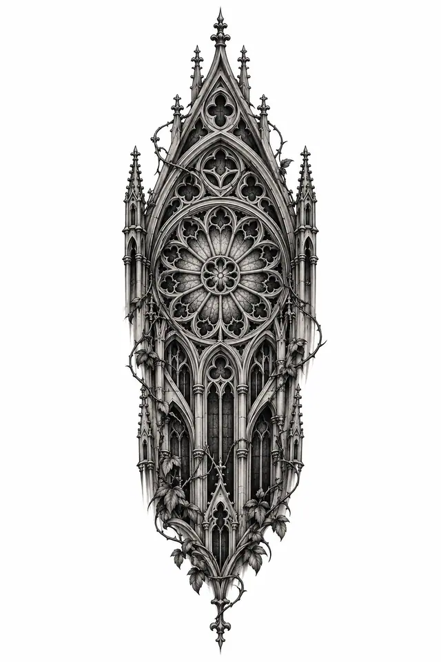 Black and grey gothic cathedral tattoo design for the calf