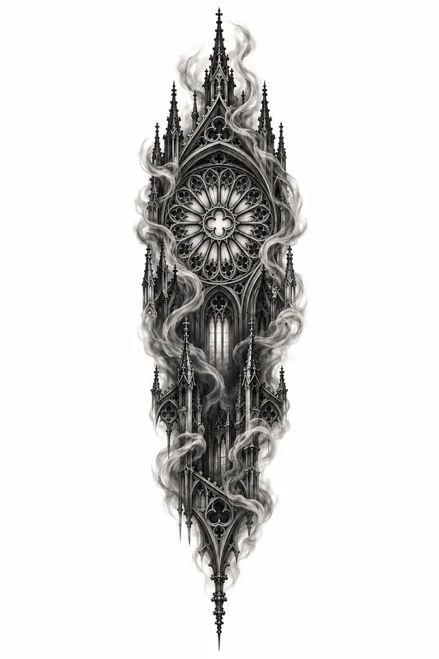 Black and grey gothic cathedral tattoo design for the spine
