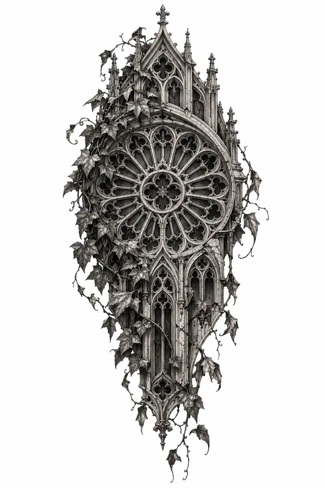 Black and grey gothic cathedral tattoo design for the thigh