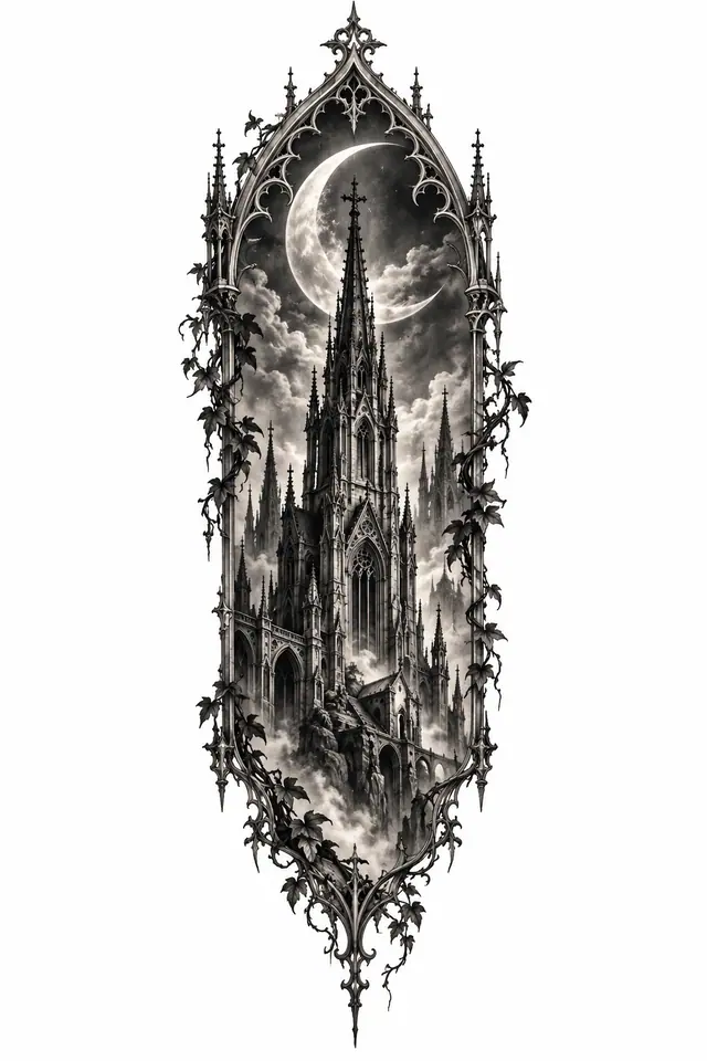 Black and grey gothic cathedral tattoo design for the thigh