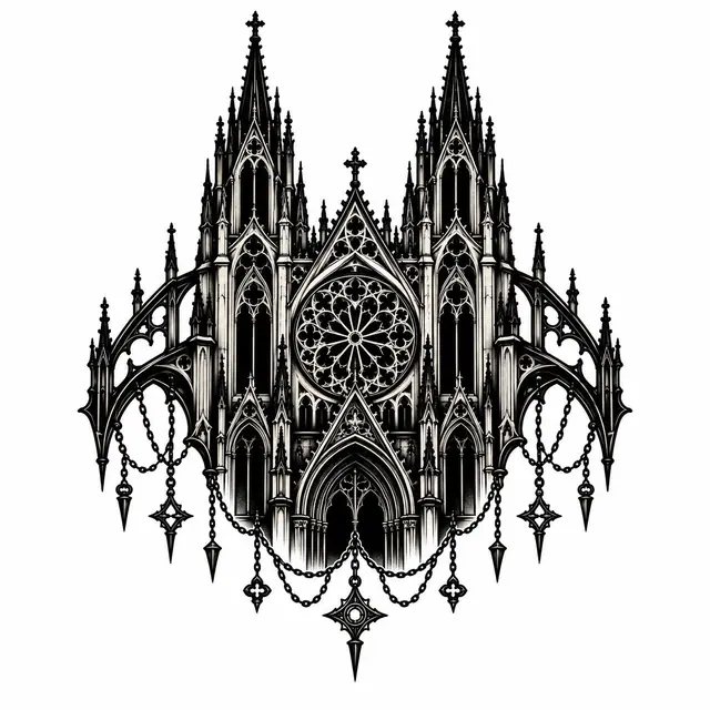 Blackwork gothic cathedral tattoo design for the shoulder