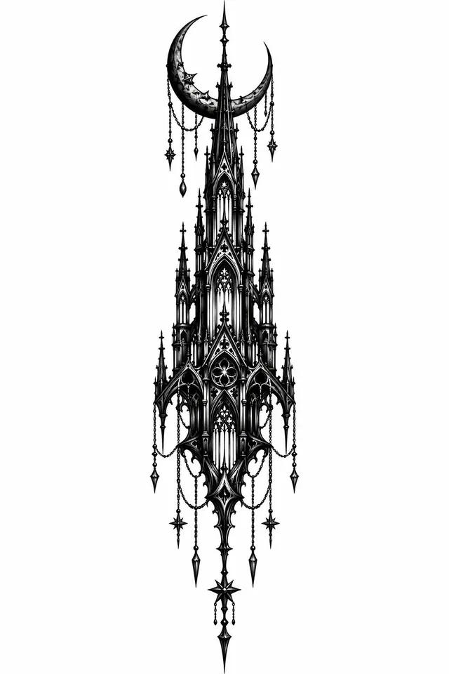 Blackwork gothic cathedral tattoo design for the spine