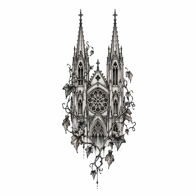 Dotwork gothic cathedral tattoo design for the ankle