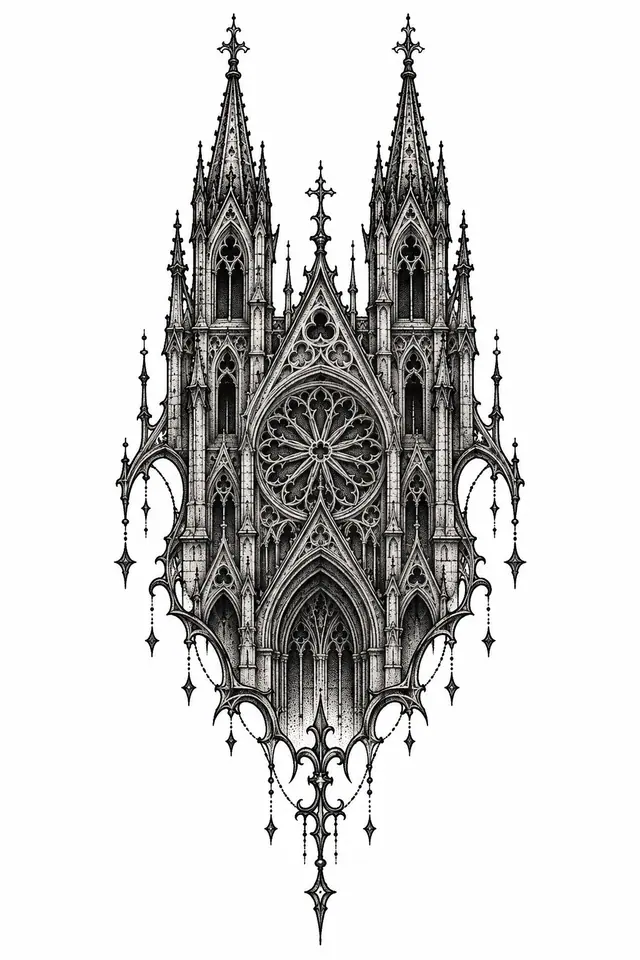 Dotwork gothic cathedral tattoo design for the hand