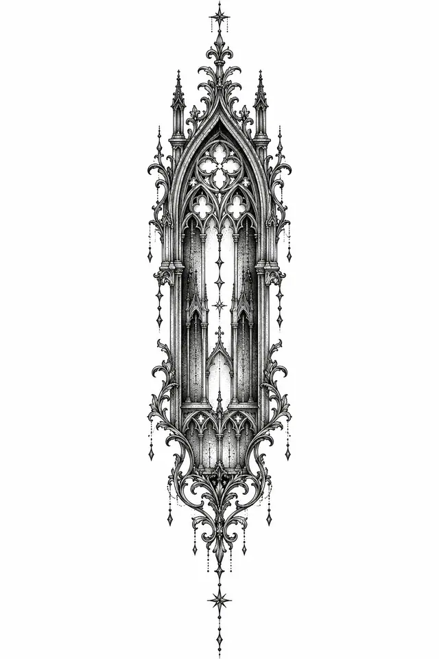 Dotwork gothic cathedral tattoo design for the spine