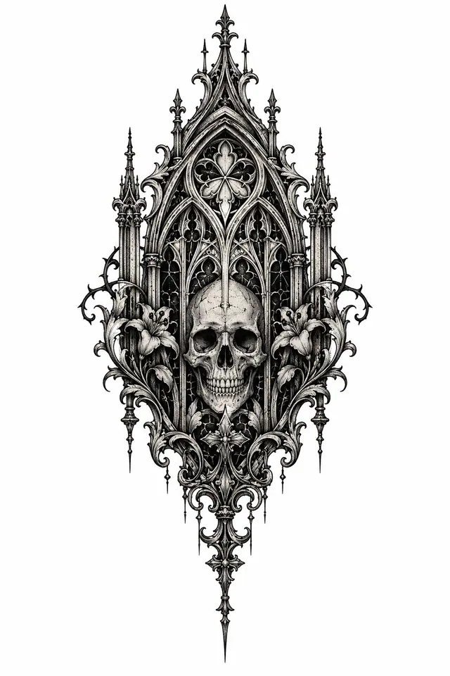 Dotwork gothic cathedral tattoo design for the sternum
