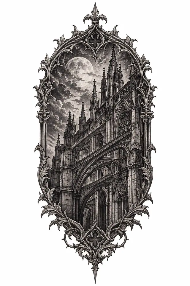 Engraving-style gothic cathedral tattoo design for the upper arm (half sleeve)