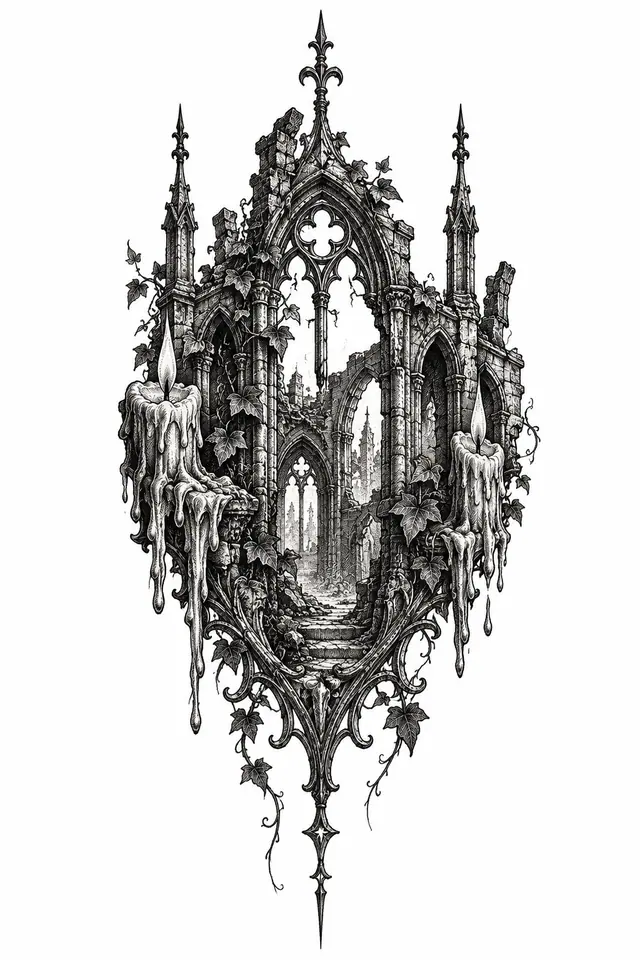 Engraving-style gothic cathedral tattoo design for the hand