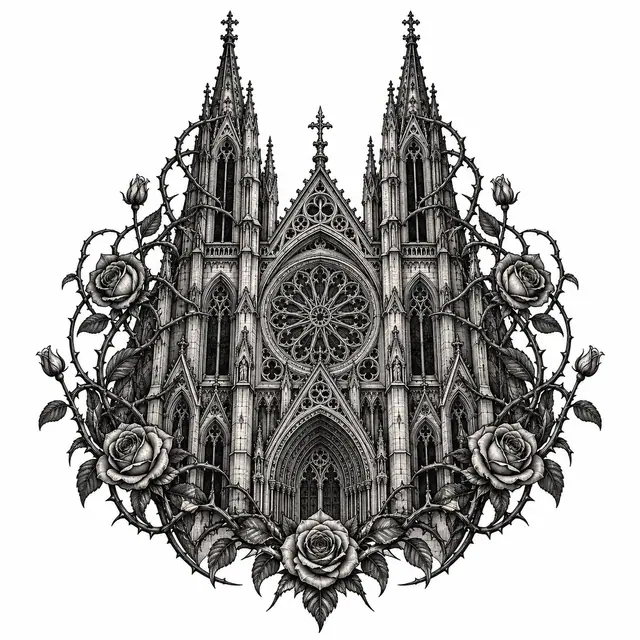 Engraving-style gothic cathedral tattoo design for the shoulder