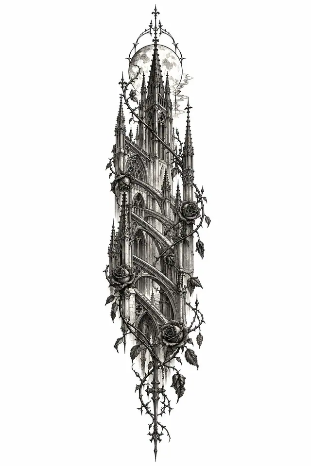 Engraving-style gothic cathedral tattoo design for the spine