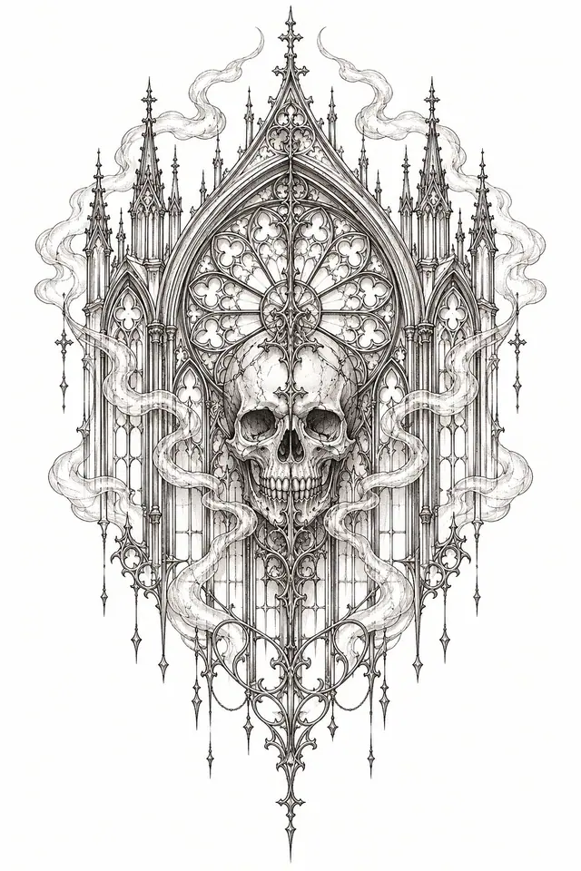 Fine-line gothic cathedral tattoo design for the back