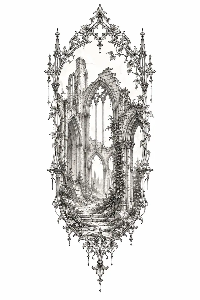 Fine-line gothic cathedral tattoo design for the calf