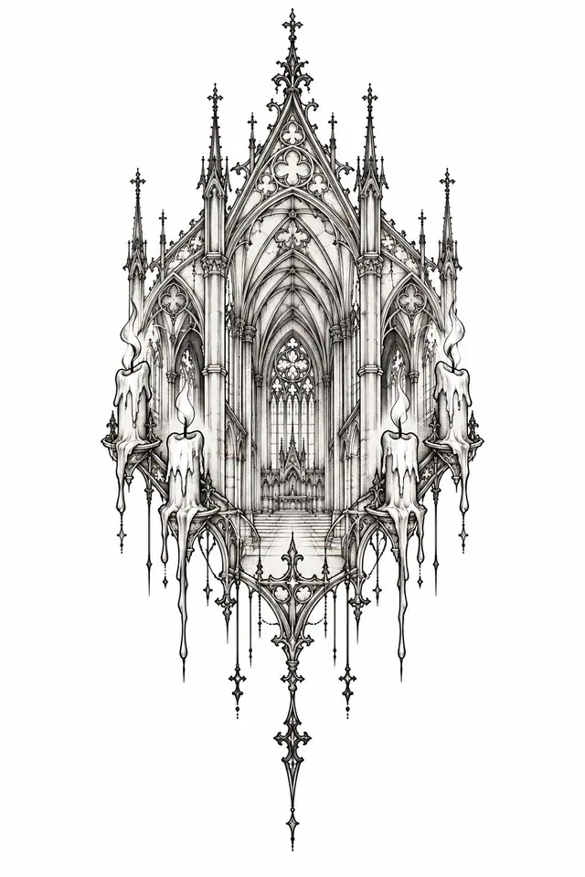 Fine-line gothic cathedral tattoo design for the hand