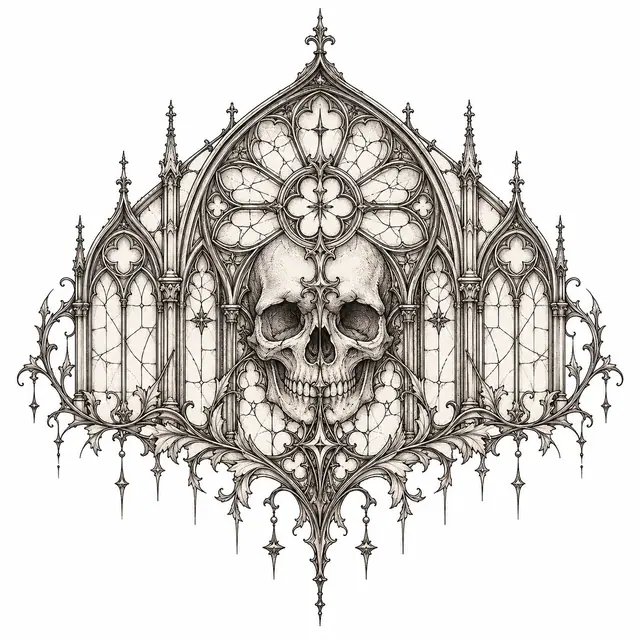 Fine-line gothic cathedral tattoo design for the shoulder