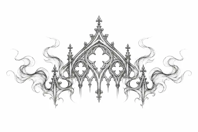 Fine-line gothic cathedral tattoo design for the throat