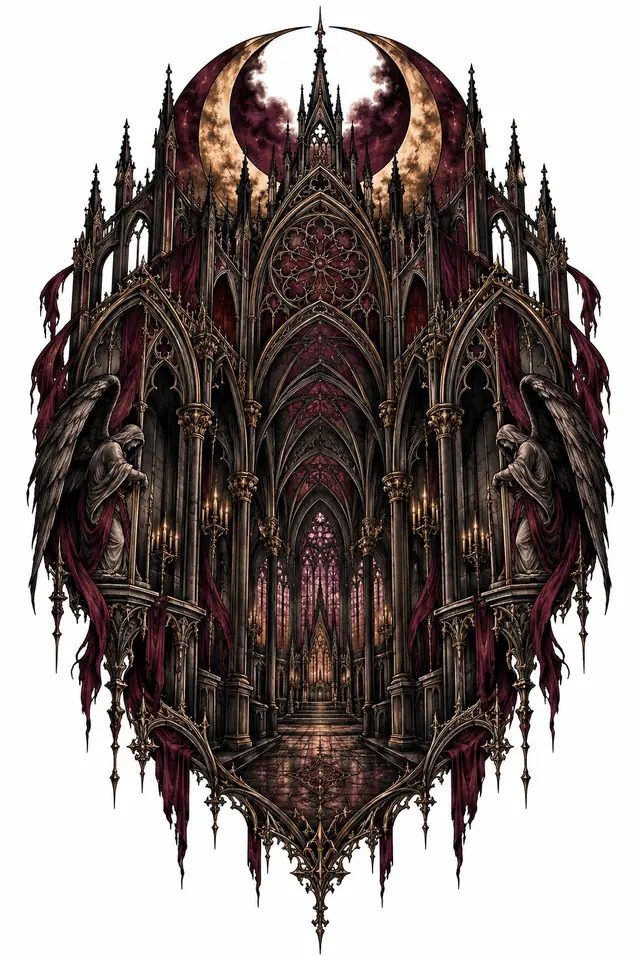 Neo-traditional gothic cathedral tattoo design for the back