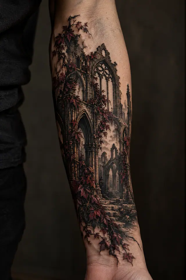 Neo-traditional gothic cathedral tattoo on the forearm